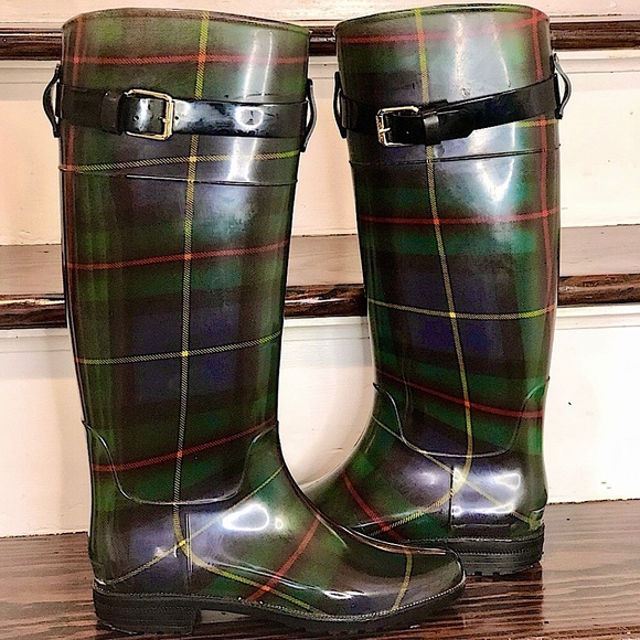 RALPH LAUREN Rossalyn II Black Watch Plaid Knee High Wellies Size 8 - Picture 1 of 17